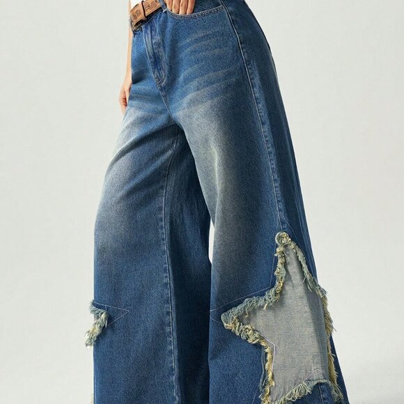 Medium Wash Casual Women's Boho Wide-Leg Jeans - Picture 2 of 7